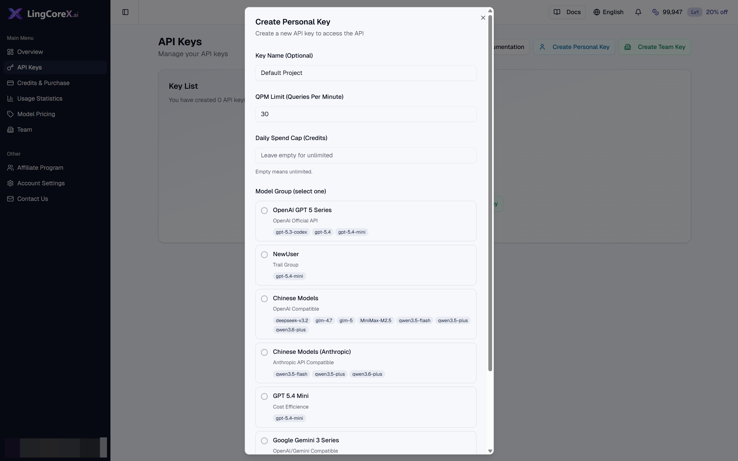Create personal API key dialog showing key name, QPM, spend limit, and group selection fields.