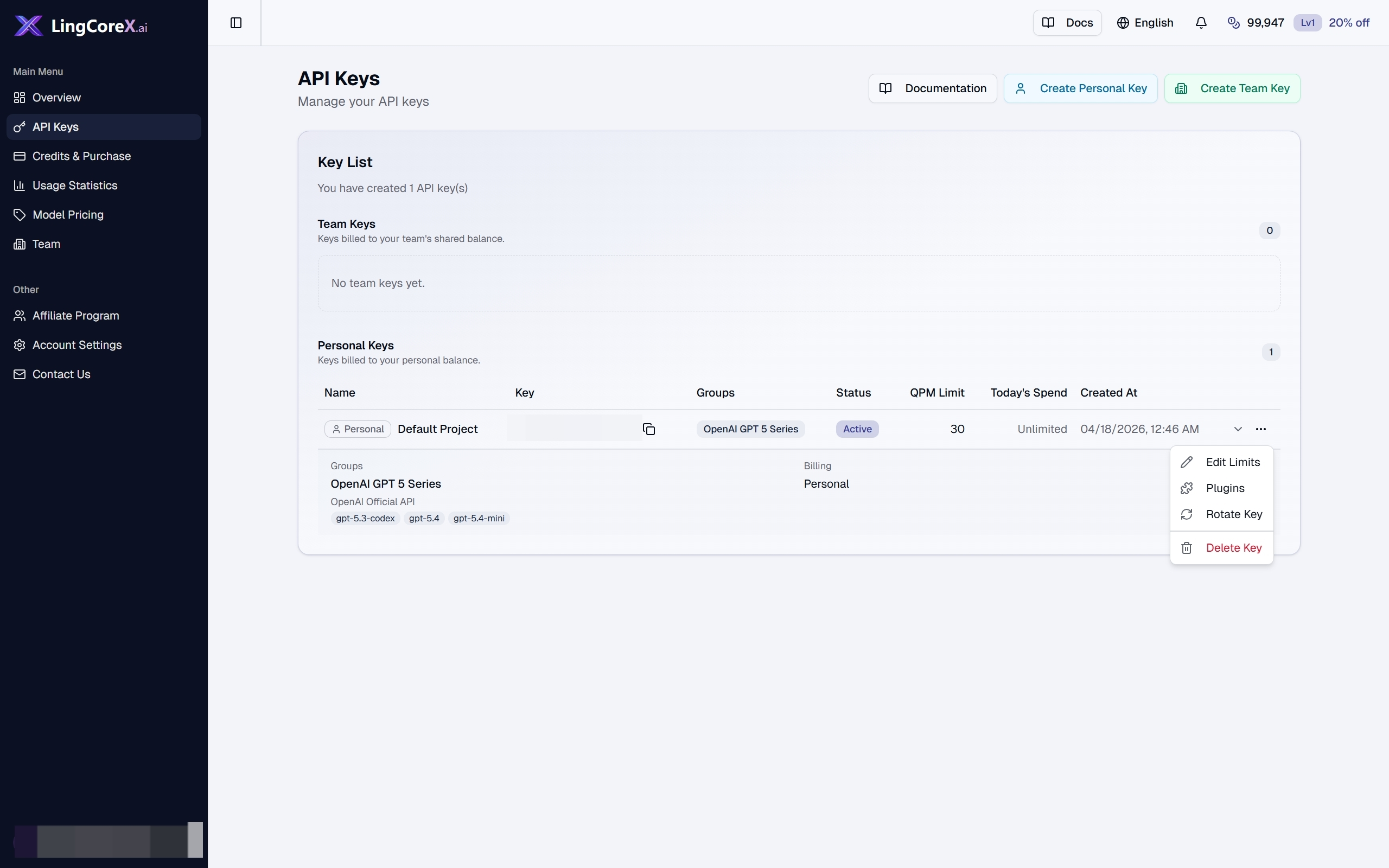 API key row actions menu with an Edit Limits action.