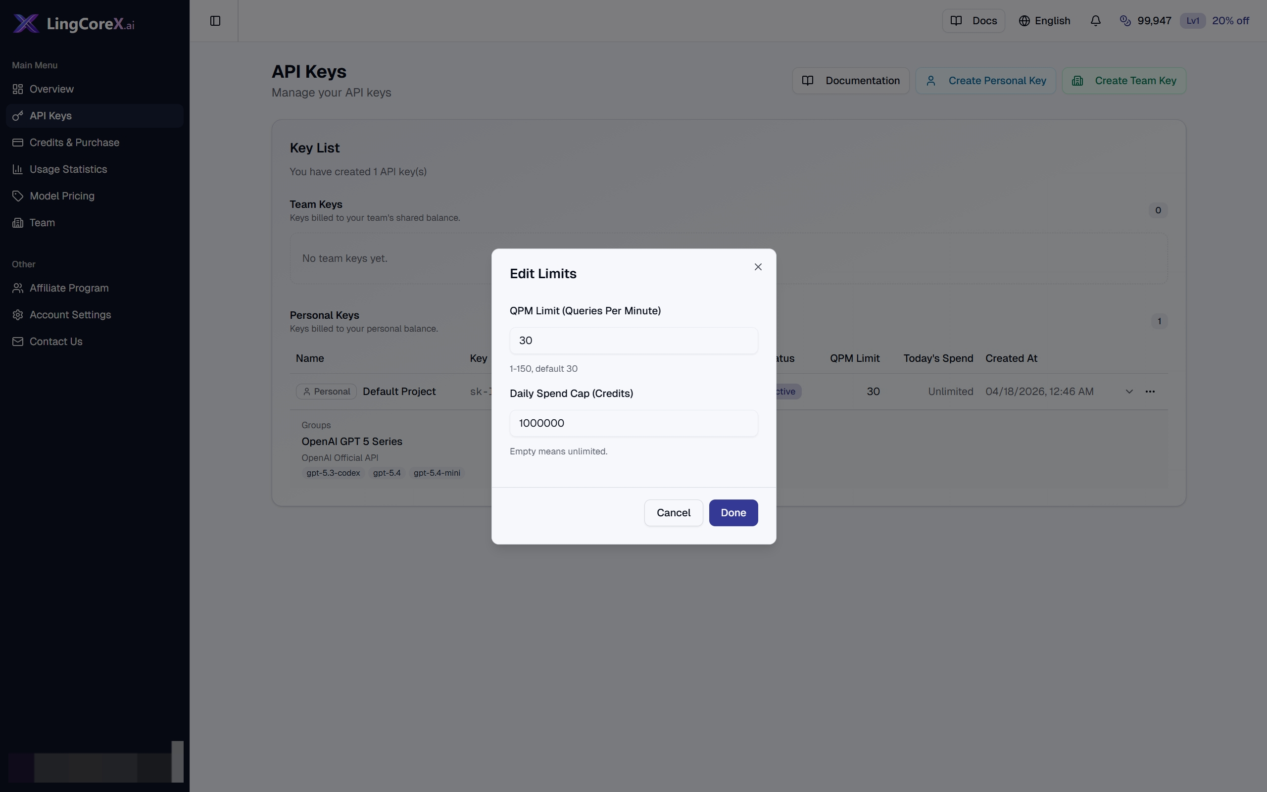 Edit limits dialog showing QPM limit and daily spend cap fields.