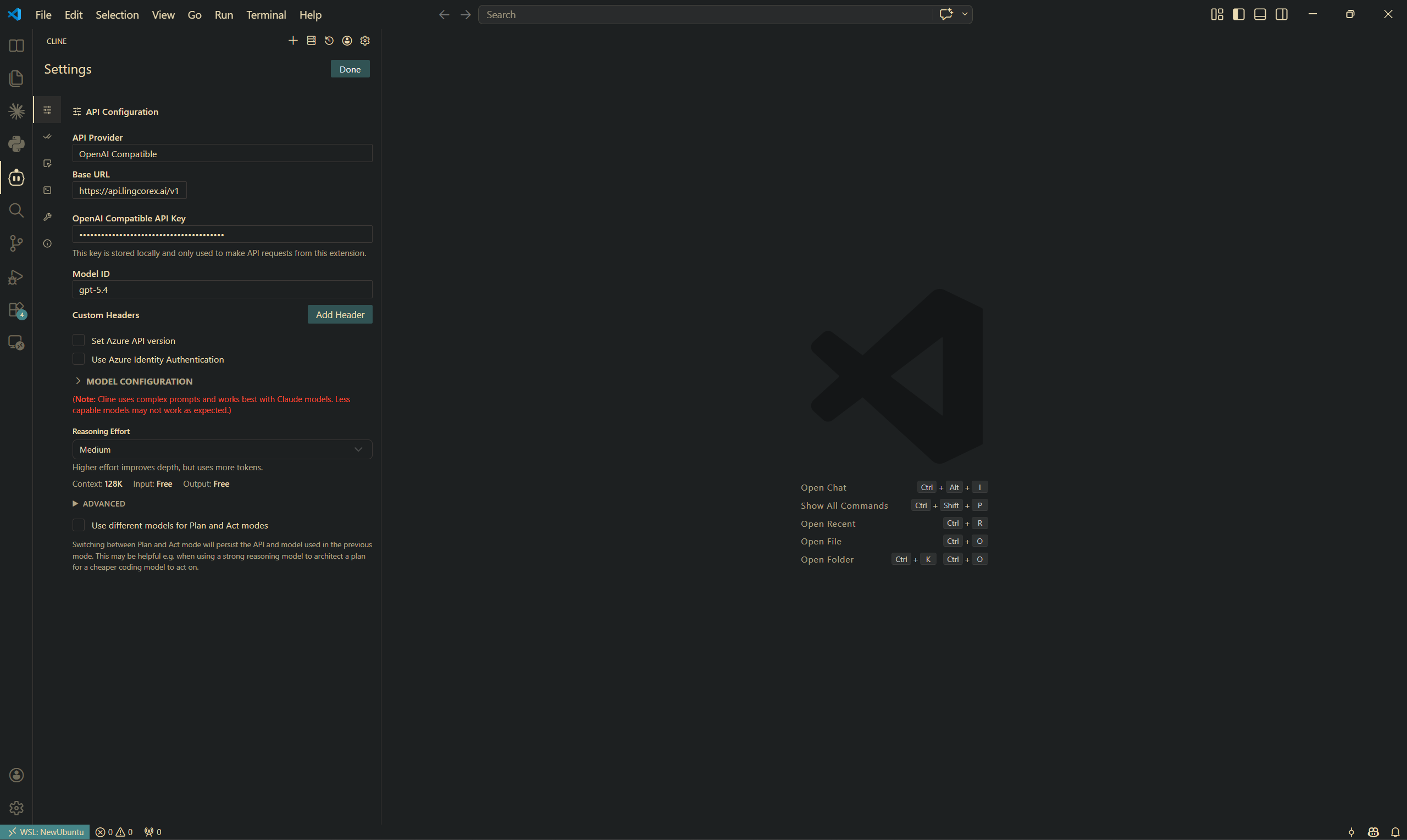 Cline provider settings configured with LingCoreX base URL and OpenAI-compatible API key fields.